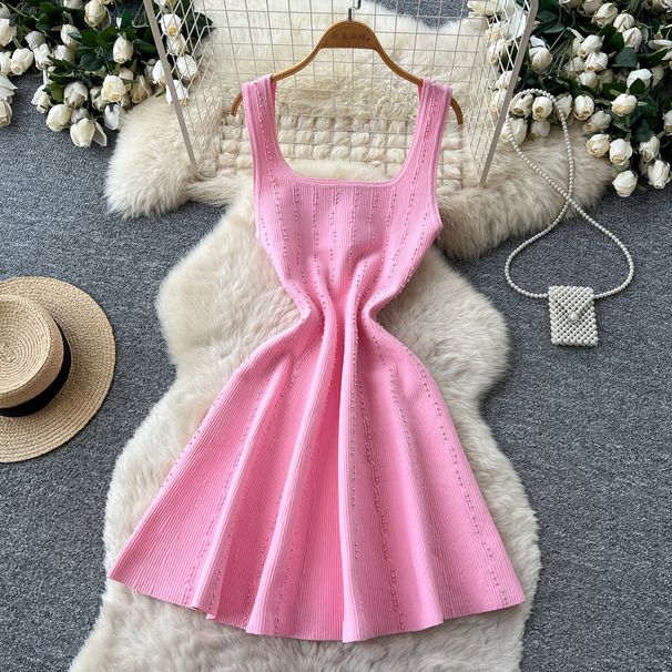 French Elegant Sleeveless A-Line Knit Dress for Women Summer Short Skirt Pearl Embellishment Versatile Cross Border Trade Dress_ecoleips.com