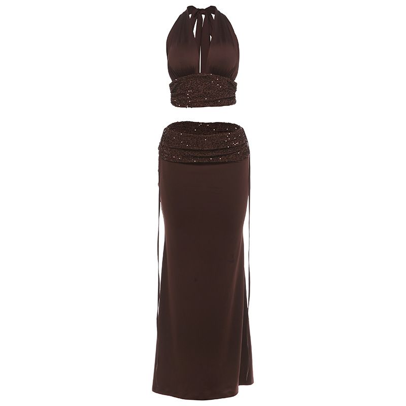 Deep V Halter Tie-Front Top With Sequin Low-Waist Skirt Set - Women's Sexy Evening Outfit Sensational Deep V Halter Neckline_ecoleips.com