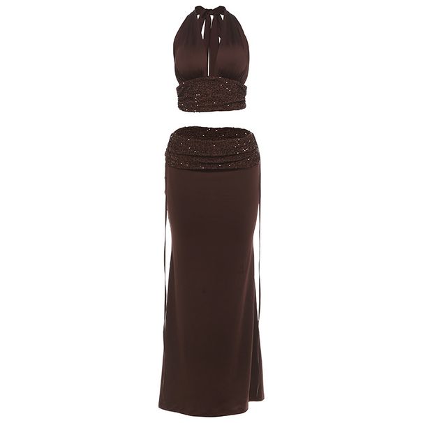 Deep V Halter Tie-Front Top With Sequin Low-Waist Skirt Set - Women's Sexy Evening Outfit Sensational Deep V Halter Neckline_ecoleips.com