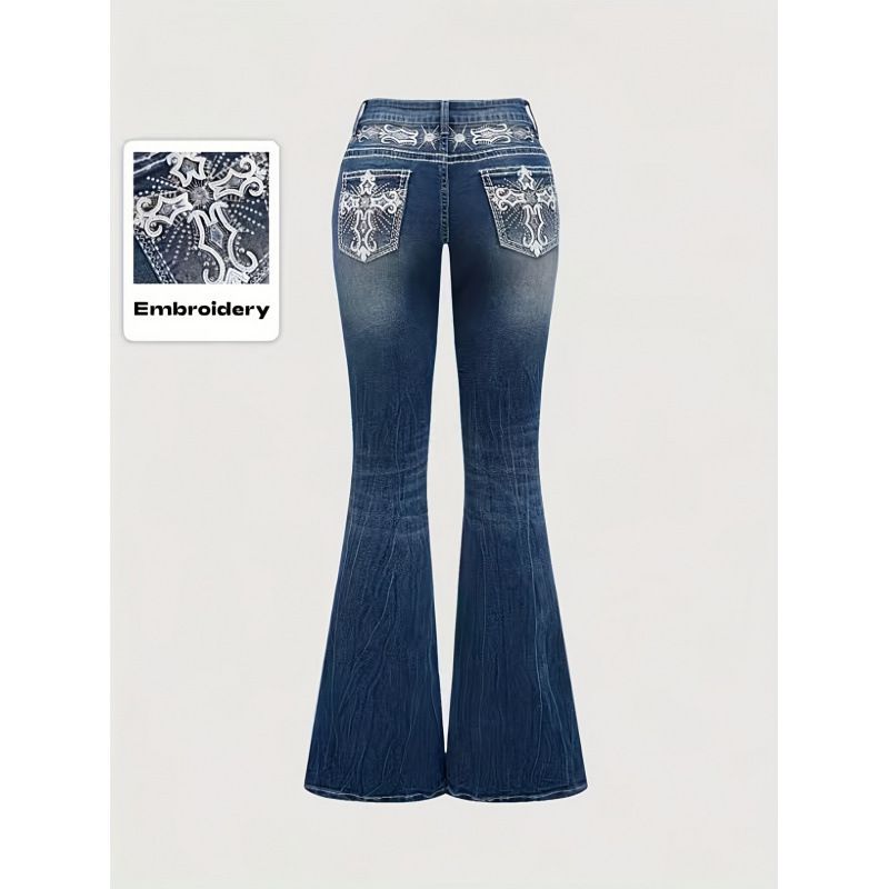 Women's Embroidered Back Pocket Flare Jeans - Rhinestone Accents & High Waist Stretch Denim (Blue, S-2XL)_ecoleips.com