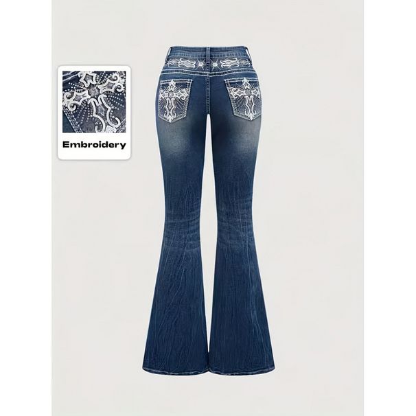 Women's Embroidered Back Pocket Flare Jeans - Rhinestone Accents & High Waist Stretch Denim (Blue, S-2XL)_ecoleips.com