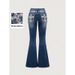 Women's Embroidered Back Pocket Flare Jeans - Rhinestone Accents & High Waist Stretch Denim (Blue, S-2XL)_ecoleips.com