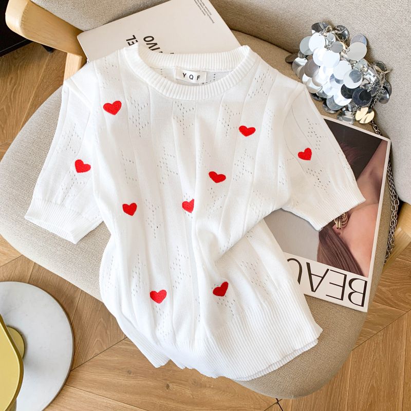 Summer New Women's Slim Fit Short Sleeve T-Shirt round Neck Unique Heart Shaped Top Ice Silk Knitwear Real Photos 2026_ecoleips.com