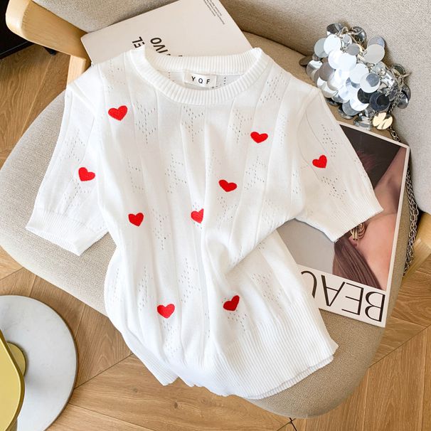 Summer New Women's Slim Fit Short Sleeve T-Shirt round Neck Unique Heart Shaped Top Ice Silk Knitwear Real Photos 2026_ecoleips.com