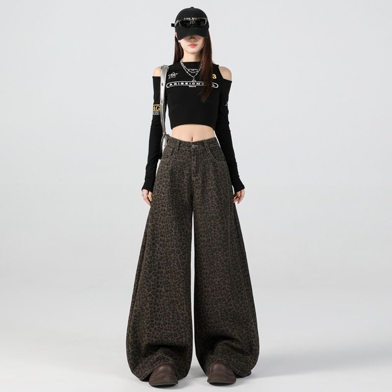 Winter New Fleece-Lined Thickened Denim For Women American Style High Waist Leopard Print Warm Loose Wide-Leg_ecoleips.com