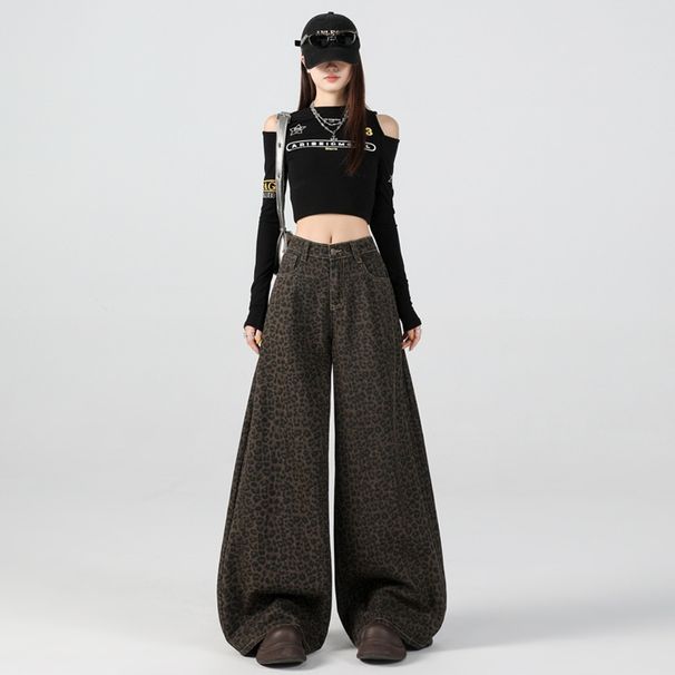 Winter New Fleece-Lined Thickened Denim For Women American Style High Waist Leopard Print Warm Loose Wide-Leg_ecoleips.com