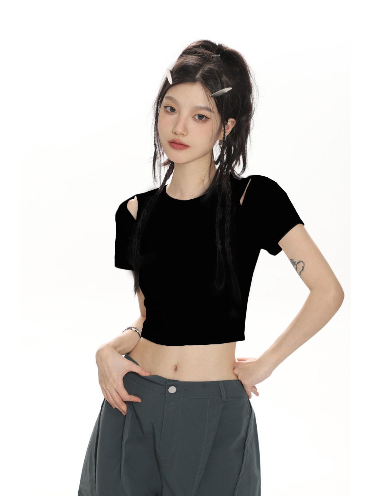 American-Style Retro, Spicy-Looking Short-Sleeved Cotton T-Shirt For Women A Summer Top With An Open Neckline And Perf_ecoleips.com