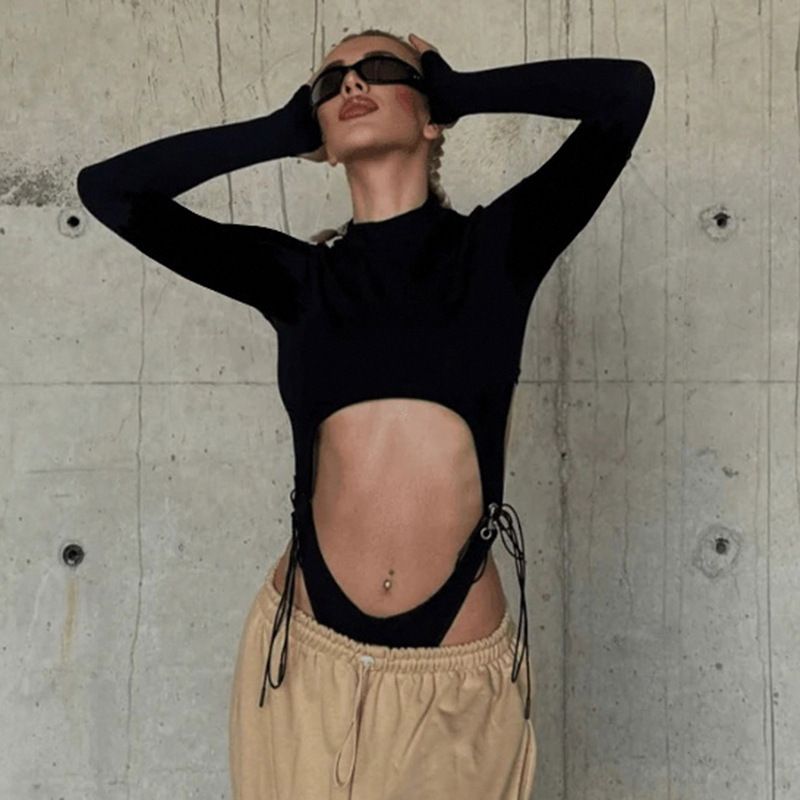Women's Black Strappy Cutout Jumpsuit round Neck Slim Fit Cropped Long Sleeves Trendy Sexy T-Shirt Wholesale_ecoleips.com