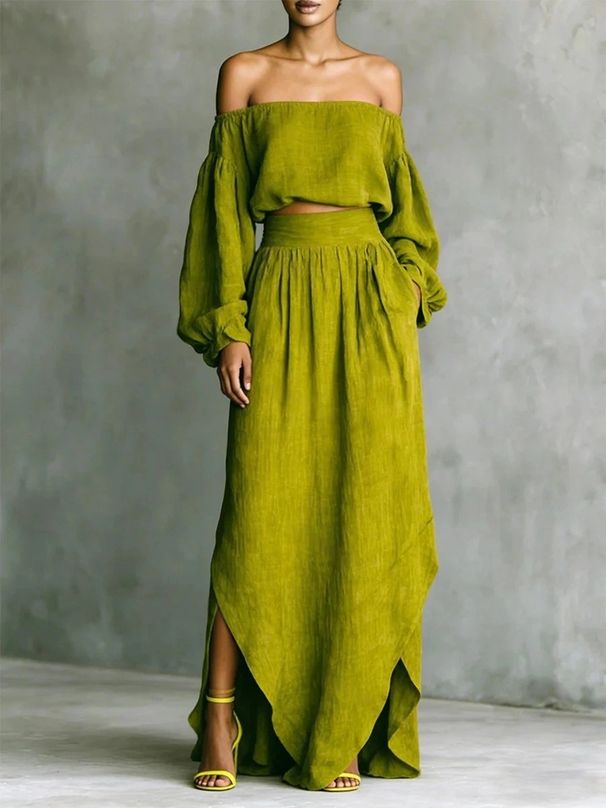 Women's Fashion Set Casual Off-Shoulder Top And Irregular Skirt Two-Piece Ensemble_ecoleips.com