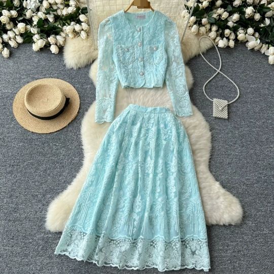 Women's Clothing Suit For Women Short Round Neck Puff Sleeve Lace Top High Waist Wide Swing Skirt Women Two Piece Suit_ecoleips.com