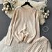 Women's Clothing Elegant Cable Knit Sweater & Pants Set Loose Fit Crewneck Pullover With Slimming Trousers - Soft Viscose Blend - Beige (S/M/L)_ecoleips.com