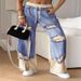 2027 Spring Summer Fashion Hip-Hop Jeans Women Cotton Elastic Waist Lace-Up Broken Hole Straight Type Denim Pants XS-5XL_ecoleips.com