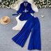 Women's Red Two Piece Set Autumn Loose Fitting High Waisted Pleated Wide Leg Pants Slim Fit Flared Sleeves_ecoleips.com