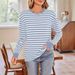 Women's Clothing Autumn And Winter New Striped Contrast Color Round Neck Long Sleeve Loose T Shirt Top_ecoleips.com
