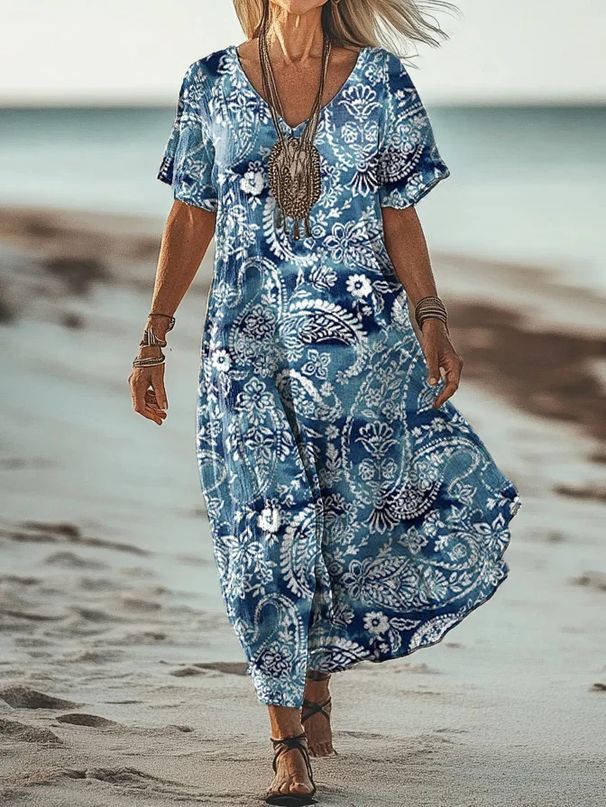 Creative Floral Women's Summer V-Neck Short Sleeve Dress, Midi Dress_ecoleips.com
