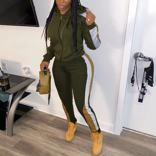 Women's Clothing hot sale women's clothing color block stitching casual hooded zipper jacket two piece set_ecoleips.com