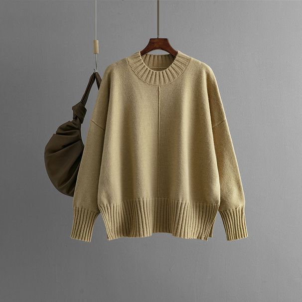 Round Neck Sweater For Women, Autumn And Winter New Style, Solid Color, Versatile Pullover Knitwear, Long Sleeve,_ecoleips.com
