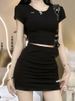2025 Summer New Round Neck Waist-Cinching Sexy Versatile Top + French Slim Pleated Short Skirt Fashion Set For Women_ecoleips.com