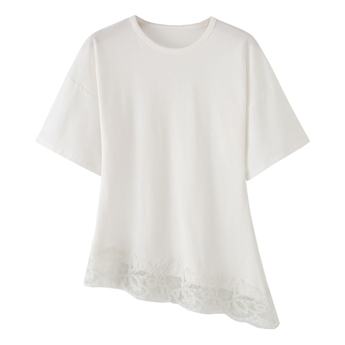 Women's Lace Patchwork T-Shirt Round Neck Short Sleeve Loose Top Style Summer Fashion Solid Color_ecoleips.com