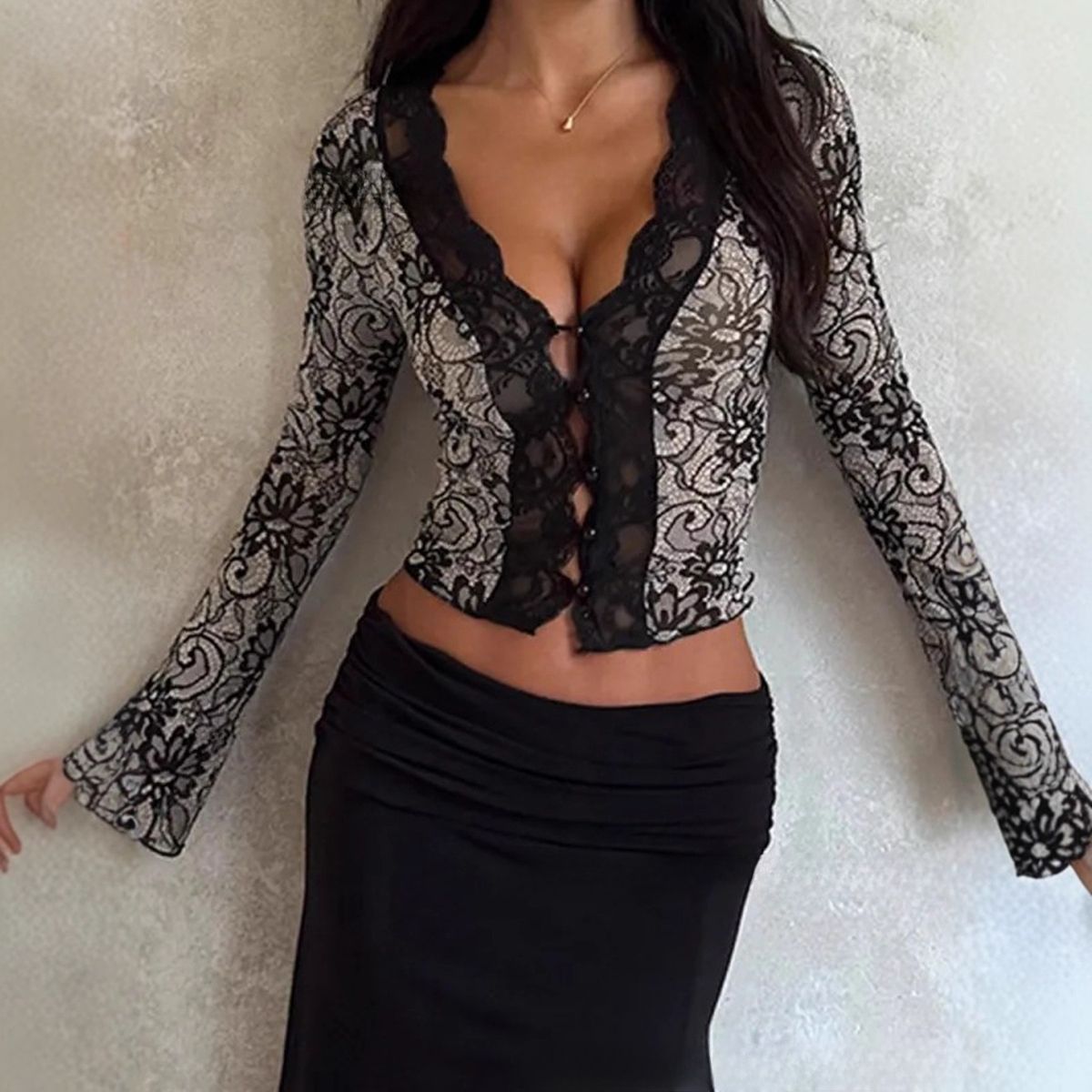 Elegant Women's Lace Trim V-Neck Printed Long Sleeve Knit Cardigan – Stylish & Comfortable_ecoleips.com