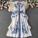 Blue White Porcelain Print Dress Elegant Mandarin Collar Flared Midi with Side Buttons Women's Clothing_ecoleips.com