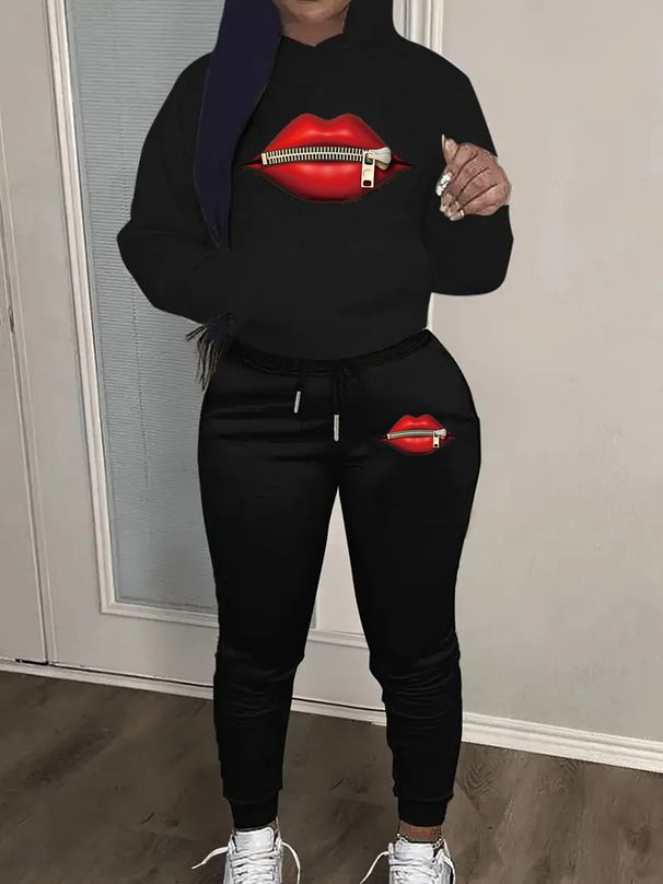 Women's Autumn And Winter Casual Fashion Lip Print Zipper Pattern Printed Thick Velvet Warm Hooded Sweatshirt+sweatpants Set-676_ecoleips.com