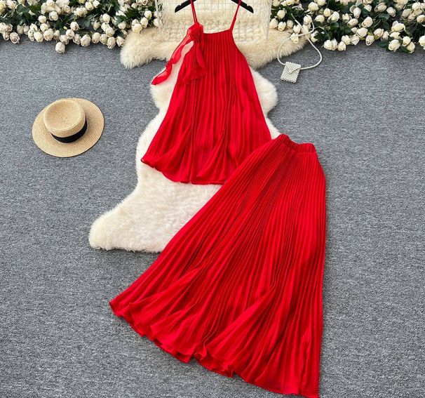 Women's Summer Vacation Outfit Soft Chiffon Camisole Top With Three Dimensional Floral Print High Waisted Pleated Skirt Casual Knee-Length Set_ecoleips.com