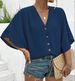 Curvy Women Solid Textured Jacquard V Neck Raglan Sleeve Button Down Blouse, 2025 Spring Summer Beach Vacation Shirt_ecoleips.com