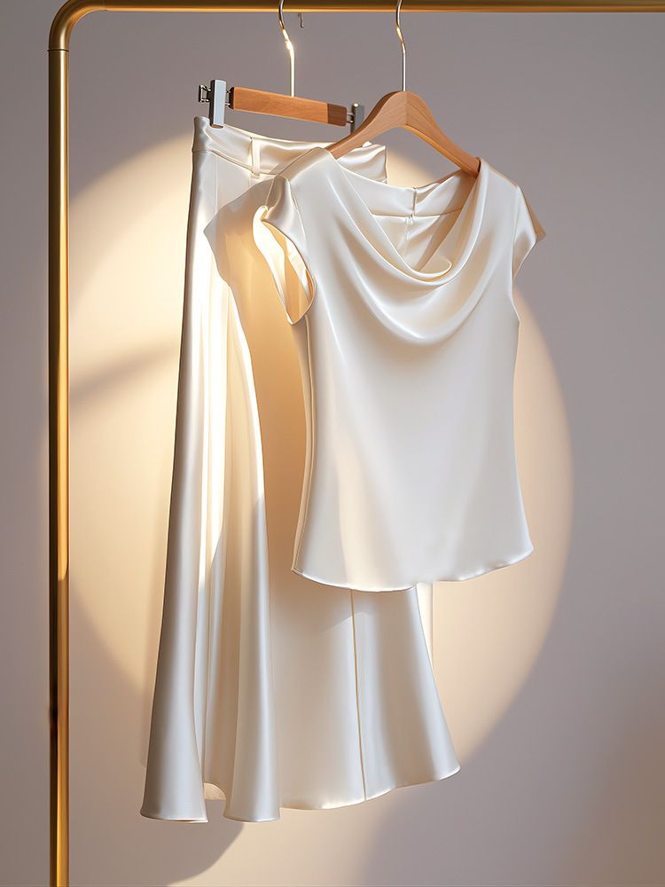 Women's Clothing Lady Small Fragrance Style Apricot Satin Top_ecoleips.com