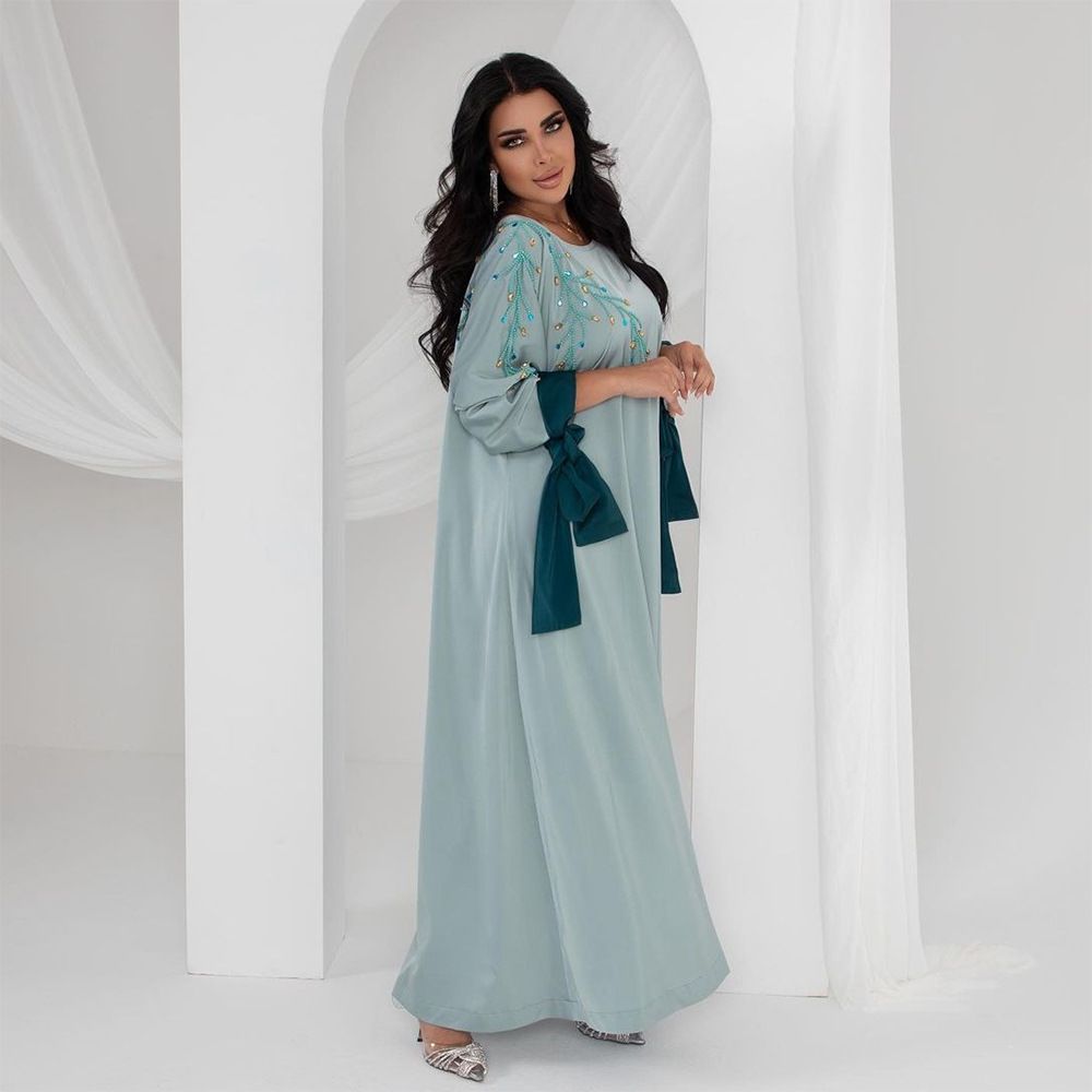 Modest Abaya Dress/Muslim Dress Women Glamorous Embellished Satin Kaftan Dress – Elegant Robe With Contrast Color & Crystal Details, S/M/L/XL/XXL_ecoleips.com