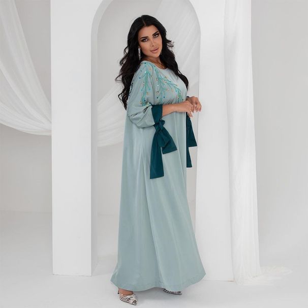 Modest Abaya Dress/Muslim Dress Women Glamorous Embellished Satin Kaftan Dress – Elegant Robe With Contrast Color & Crystal Details, S/M/L/XL/XXL_ecoleips.com