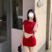 Red Slim Fit Off-Shoulder T-Shirt Top Sexy Hot Girl Outfit Women Summer Bodycon Short Skirt Nightclub Two-Piece Set_ecoleips.com