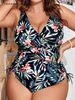 VigoJany 2026 Women Leaf Print Plus Size Swimwear Strapped V Neck Large One Piece Swimsuit Ladies Tied Beach Chubby Bathing Suit_ecoleips.com