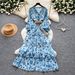 Women's French Retro Floral Dress V Neck Long Sleeve Summer Korean Style Slimming Ruffled Cake Skirt Romantic Temperament_ecoleips.com
