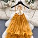 Summer Yellow Dress for Women French Style Halter Neck Ruffled Trim Cake Style Vacation Look Selected 2025_ecoleips.com