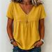 Women's Lace V Neck Pullover Top Solid Color Casual Short Sleeve Shirt American Style Summer New Arrival_ecoleips.com