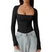 Aria Basics Aria Basics Cross-border European American Women's Square-neck Shirt, Autumn Top, Long-sleeved Slim-fit Pullover Milk Silk T-shirt,_ecoleips.com
