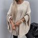 Batwing Sleeve Poncho Sweater – Oversized Knit Cape With 3/4 Sleeves (S-L, Beige, Polyester, Fall/Winter Essential)_ecoleips.com