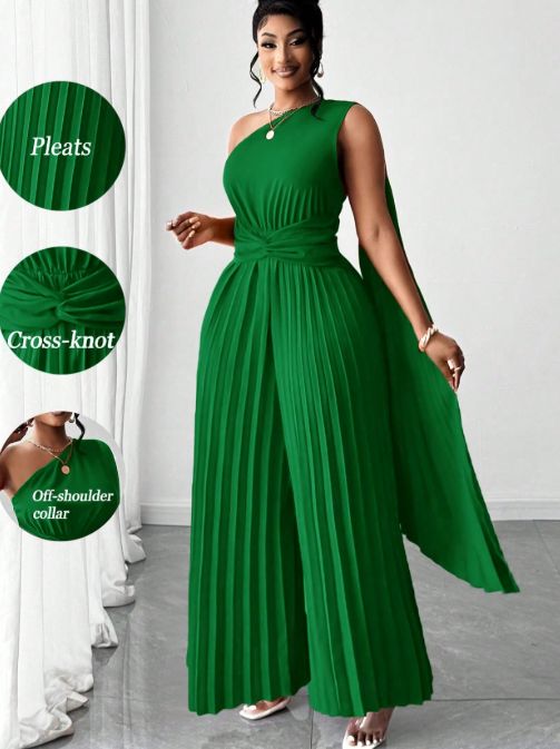 Curvy Women Solid Pleated Asymmetric One Shoulder Jumpsuit, Chic Spring Summer Wedding Party Outfit_ecoleips.com