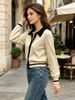 Beige Black Color Block Pit Rib Knit Cardigan, Loose Lightweight Breathable Soft Skin-touch Long Sleeve Polo Collar Knit Jacket_ecoleips.com
