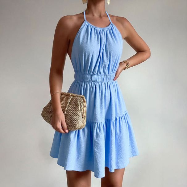 Voya Women's French Sexy Backless Dress, Summer Hanging Neck, Sweet Temperament, A-line Short Skirt_ecoleips.com