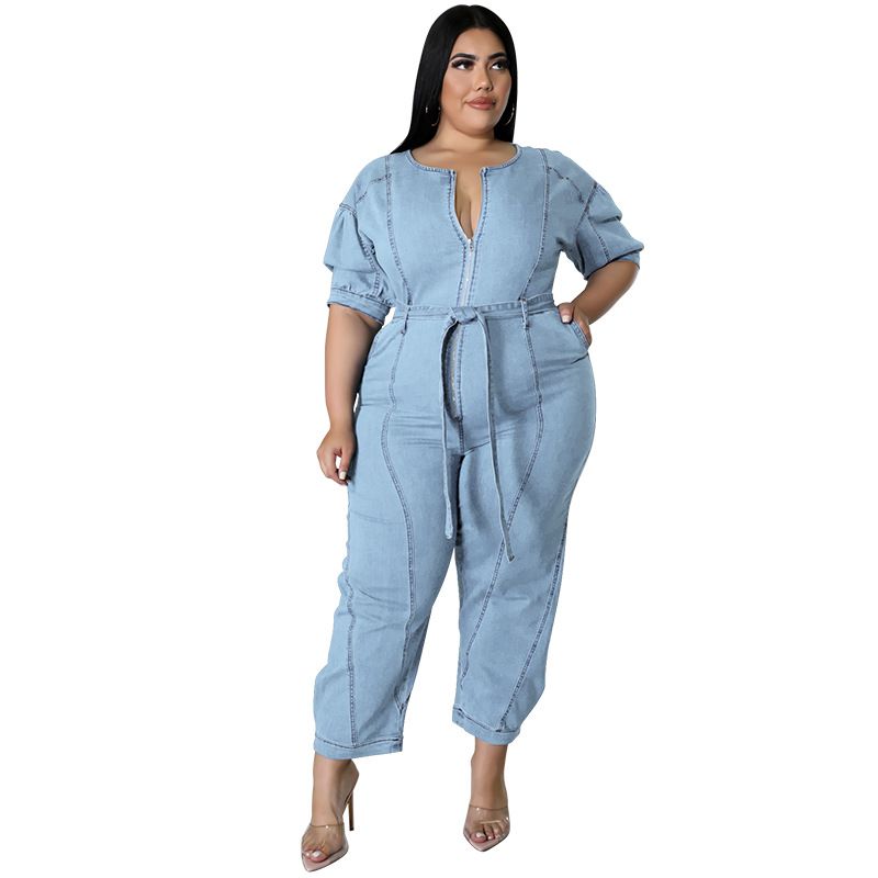 Plus Size Women's Summer Jumpsuit Short Sleeved Zipper Fashion Washed Denim_ecoleips.com
