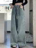 Botvotee Elastic Waist High Waist Wide Leg Jeans For Women Loose Straight Blue Long Denim Pants Female Fashion Streetwear Jeans_ecoleips.com
