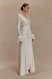 Women's French High End V Neck Lace Panel Flared Sleeve Ruched Tie Maxi Dress – Sexy Elegant Party Gown_ecoleips.com