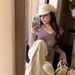 girl Zhen Daini Gray Purple Cross V-neck Knitted Base Shirt For Women, Autumn Collarbone Slimming Sweater, Off-shoulder Top_ecoleips.com