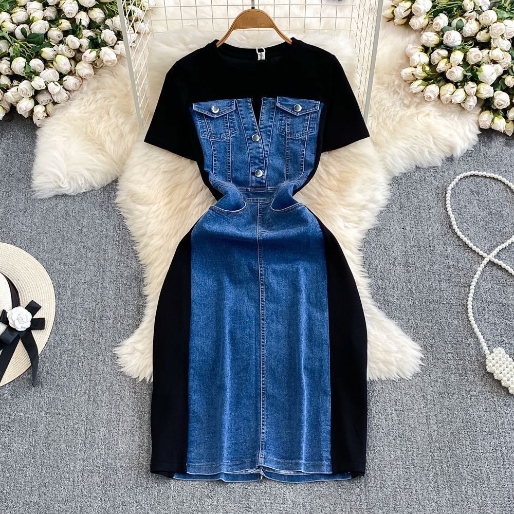 Ladylike Temperament Short-sleeved Round Neck Waist Slimming Denim Splicing A-line Dress Casual T-shirt Skirt_ecoleips.com
