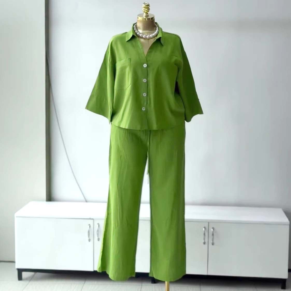 Women's Clothing Women's Style Solid Color Lapel Single Breasted Mid Sleeve Shirt And Plus Size Straight Leg Trousers Two Piece Set_ecoleips.com