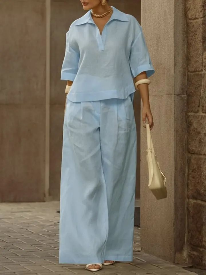 Women's Relaxed Blouse & Pants Set - Elevated Casual Two-Piece With Shirt Collar_ecoleips.com