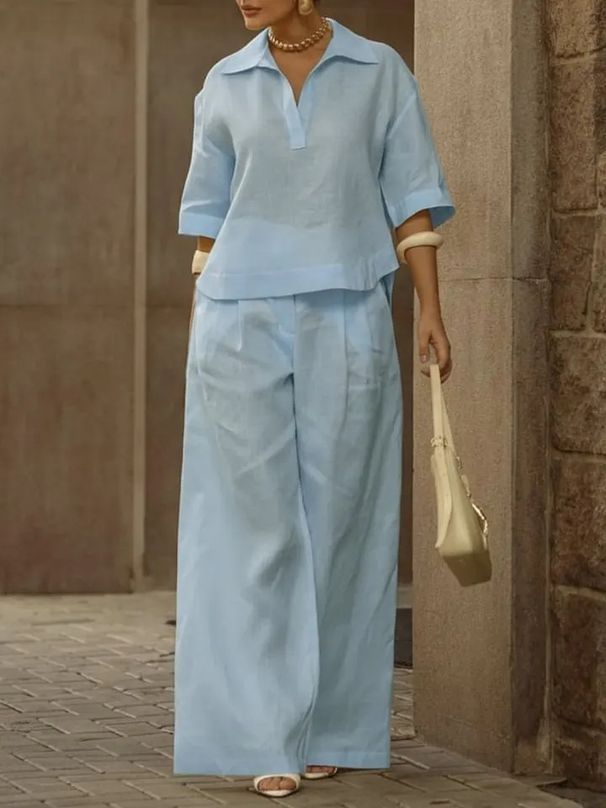 Women's Relaxed Blouse & Pants Set - Elevated Casual Two-Piece With Shirt Collar_ecoleips.com