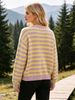 Lilac Yellow Stripe Crew Neck Pit Rib Knit Cardigan, Loose Lightweight Breathable Soft Skin-touch Button Air Conditioning Jacket_ecoleips.com